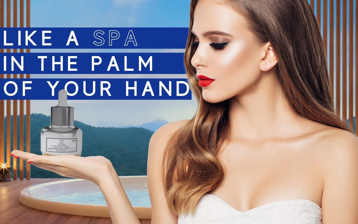 A woman with glowing skin and red lipstick holds a Saba Lustre skincare serum in her palm, with a luxurious spa and mountain